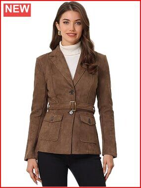 Women's Faux Suede Belted Blazer Suit Jacket Notched Lapel Pockets Work Office
